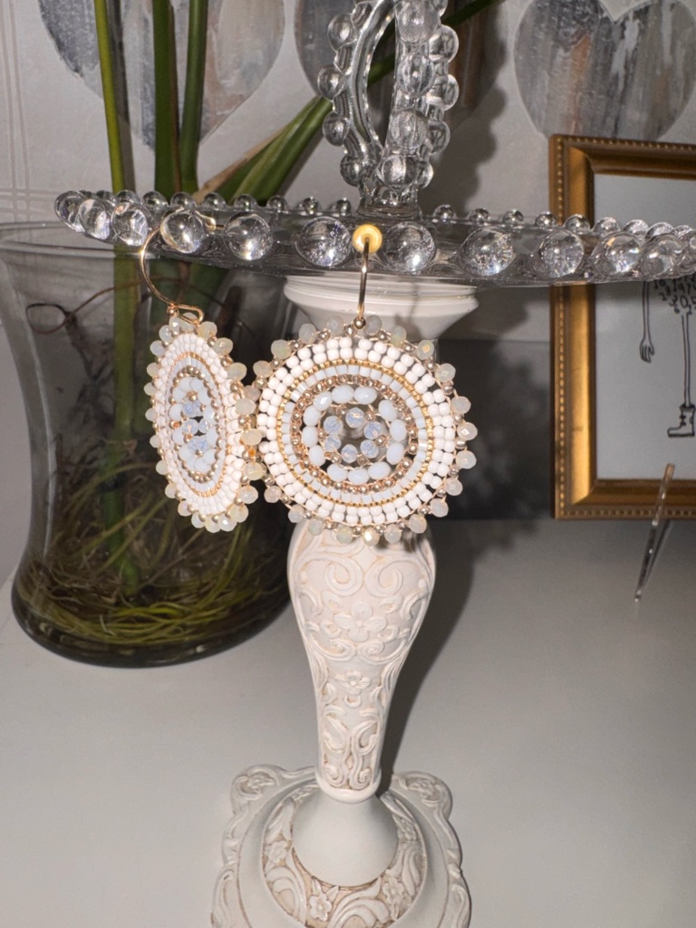 Round Beaded White and Gold Drop Earrings
